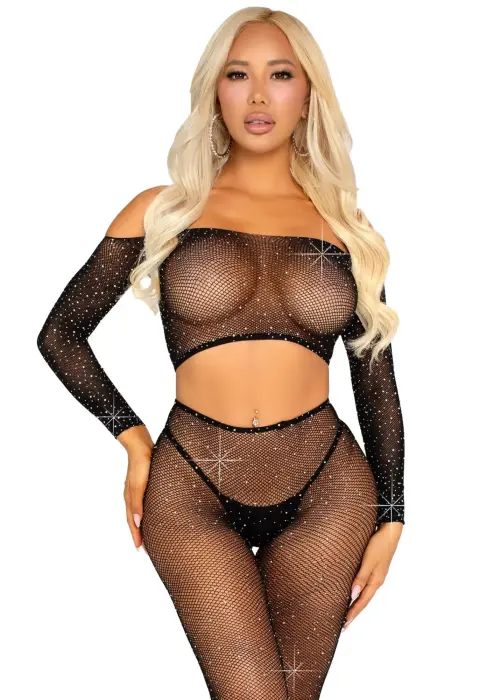 Rhinestone Fishnet Crop Top and Legging Set – Black – One Size