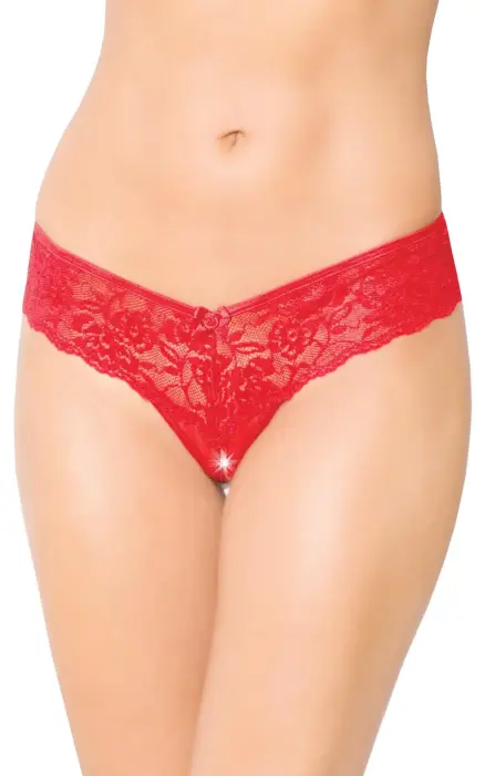 Red Lace Thong with Open Crotch – M