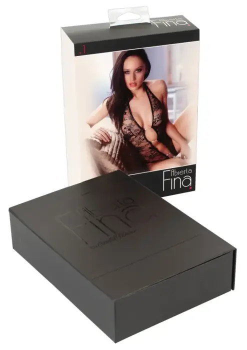 Abierta Fina mežģīņu bodijs ar kristālu ķēdītēm un atvērtu starpkāju – melns – S Foto 11