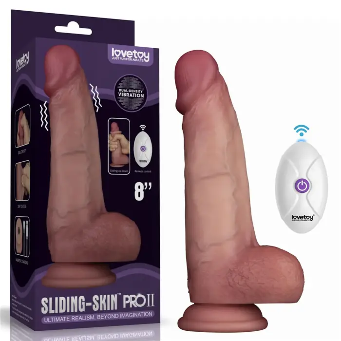 LoveToy Vibrating Sliding Skin Pro II Dual Layer Silicone Dong – вибрирующий двухслойный силиконовый фаллоимитатор – беспроводной пульт – 20,3 см