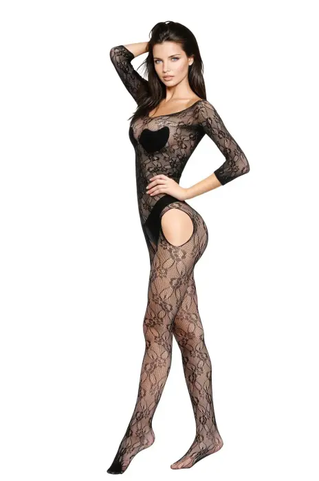 Mesh Bodystocking with Floral Pattern and Open Back – Black – S/L Photo