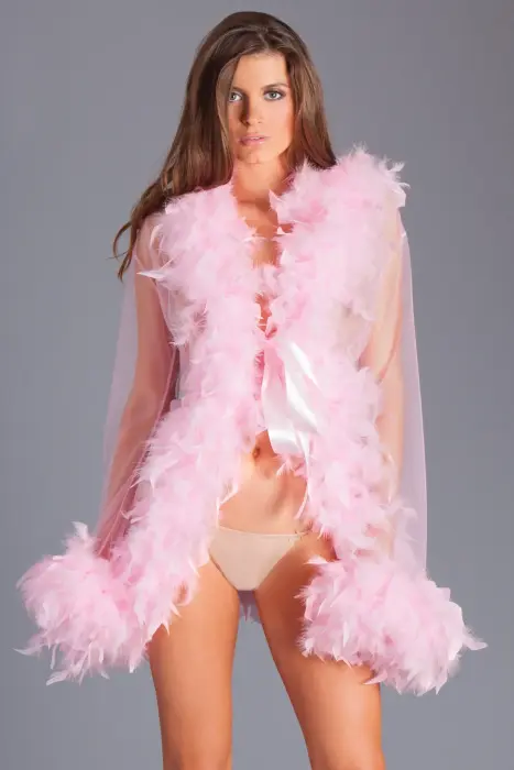 Lux Short Chiffon Robe with Feather Trim – One Size