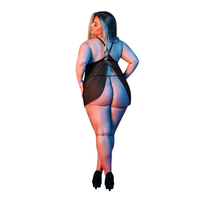 Babydoll naktinukai su atvira nugara ir stringų komplektu – 2XL – juodi Photo