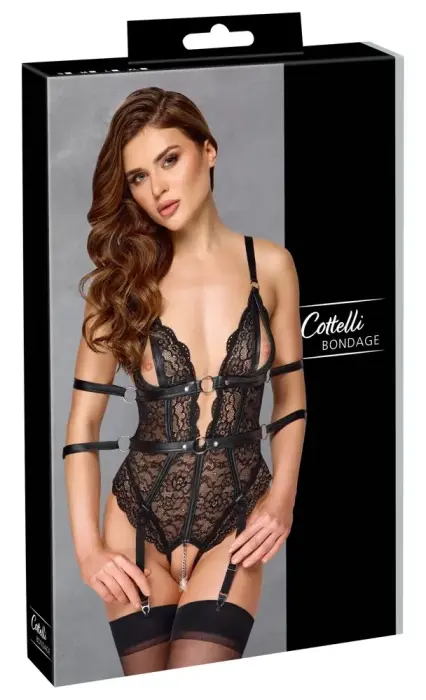 Cottelli Bondage – crotchless lace body with 4 arm restraints – black – XL