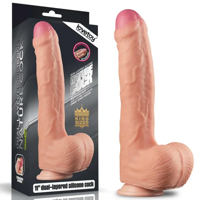 LoveToy Dual Layer Platinum Silicone Cock – realistiškas dviejų sluoksnių dildo su siurbtuku ir sėklidėmis – 28 cm (11'')