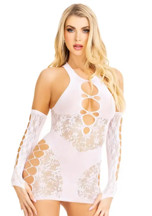 Racer Back Mini Dress and Matching Gloves – White – One Size