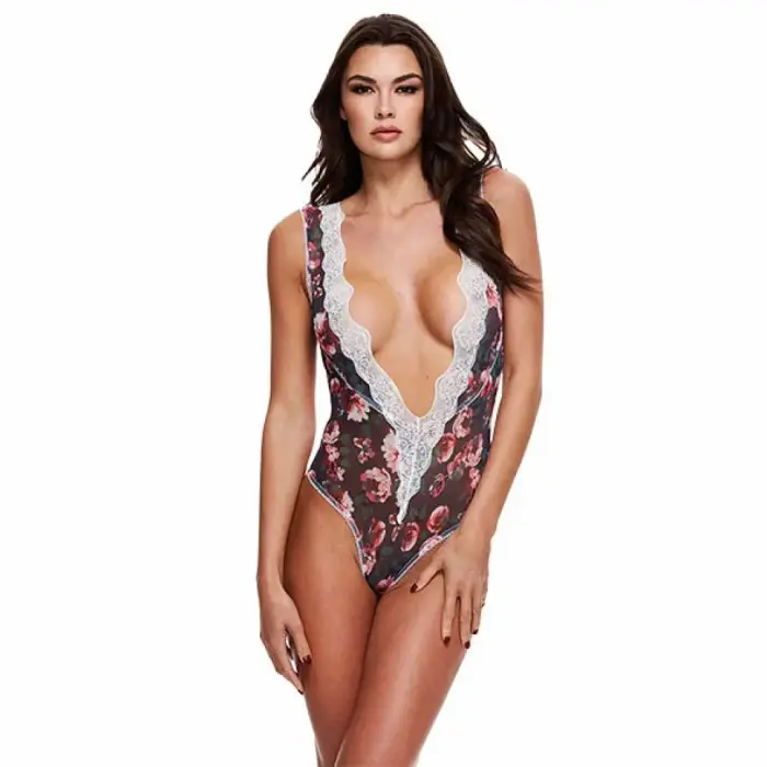 Baci White Label Floral Lace Teddy Grey S/M – Deep V, Keyhole Back