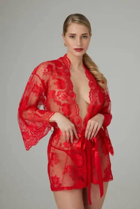 Christine Lace Kimono Graceful Red - Elegant Sheer Robe with Belt