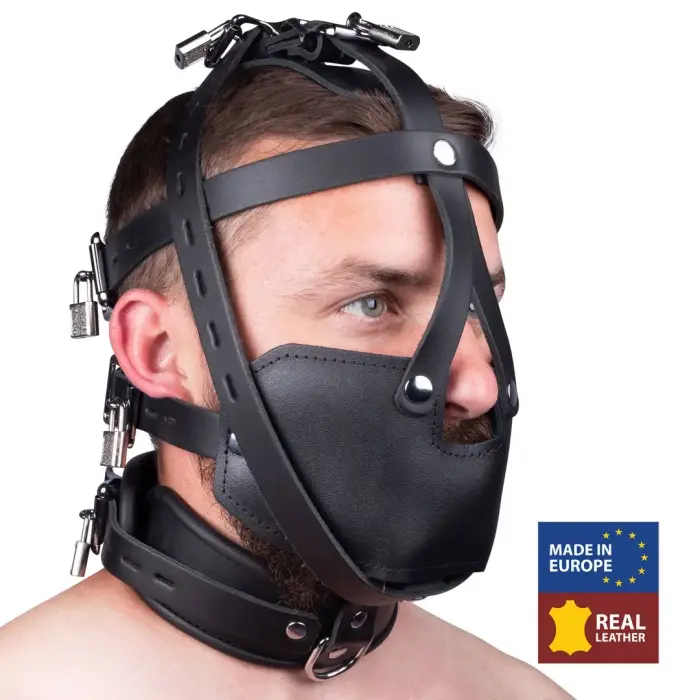 Red Leather Full Head Mask Black Adjustable Straps