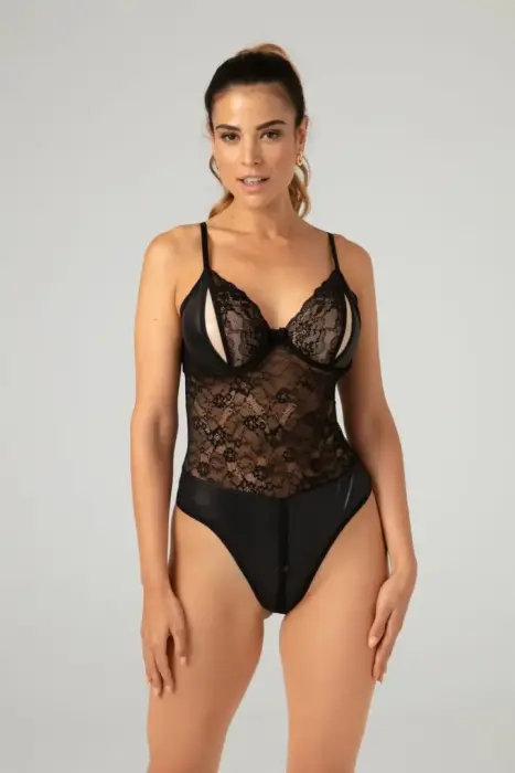 Christine Vesper Wetlook Bodysuit with Lace Accents – Black – S/M