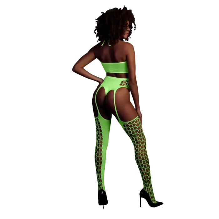 Two Piece Set with Crop Top and Stockings – Neon Green – One Size Photo