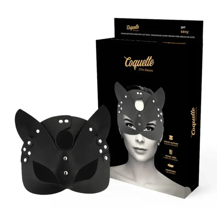 Coquette Chic Desire Vegan Leather Mask with Bunny Ears - Elegant Black