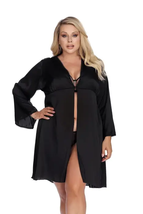 LAURA Black Satin Robe with Decorative Elastic Sleeves – XXL+ Photo