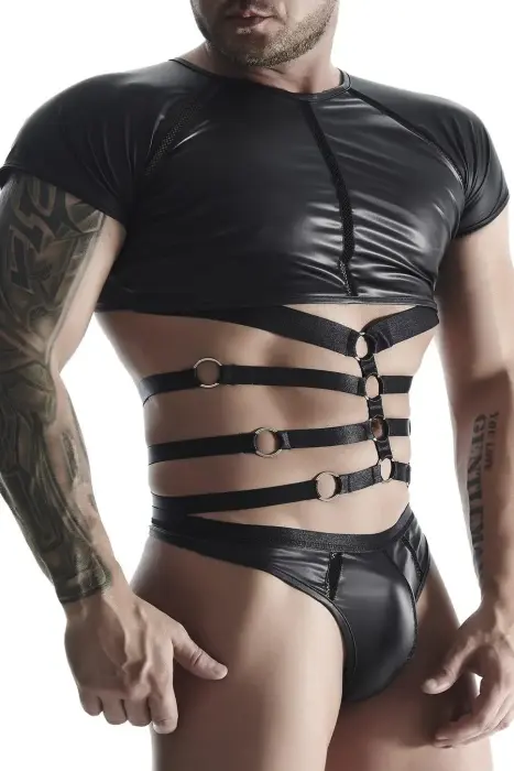 Men's Wet Look T-Shirt with Tape and Elastic Inserts – Black – XL
