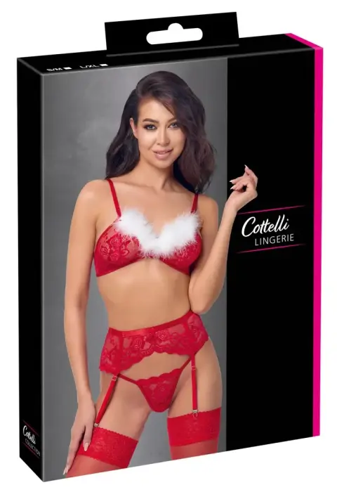 Cottelli LINGERIE X-Mas 3-Piece Lingerie Set – Red Floral Lace – S/M