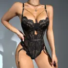 Sheer Lace Cut-out Bodysuit with Neckline Chain – S/M – Black — Photo 4