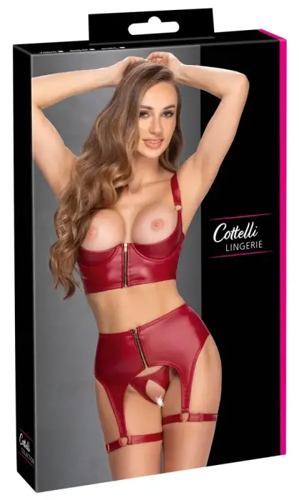Cottelli LINGERIE matte shelf bra set with zips, 3 pcs – bordeaux – 90B/XL