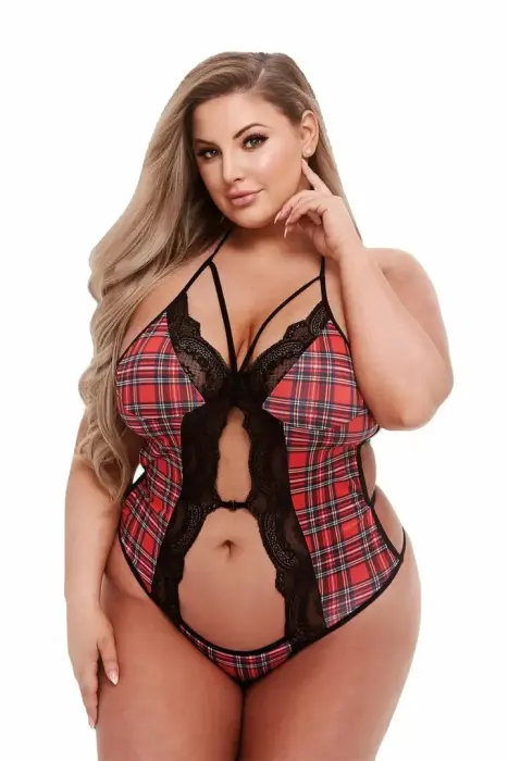 Teacher's Pet Schoolgirl Peek-A-Boo Teddy – клетчатое кружевное тедди с открытым передом – красный – Queen Size