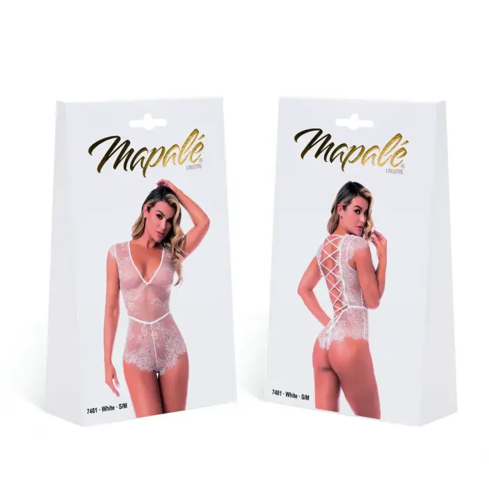 Elegant Lace Bodysuit with Lace-Up Back – White – L/XL