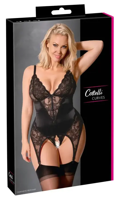 Cottelli Curves – satiinist ja pitsist korsett avatud jalgevahega stringidega – must – XL