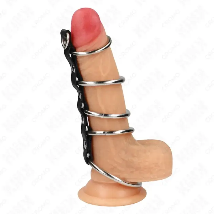 KINK Набор металлических интимных колец 5 шт. с кожаным соединителем 3.2-5 см