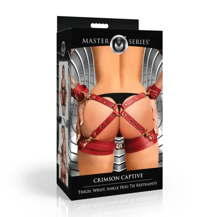 Crimson Captive Thigh, Wrist and Ankle Hog-Tie Restraint Set – Red