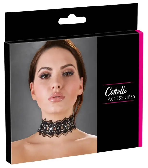 Cottelli Collection Black Choker Embroidered with Pearls & Rhinestones 36cm