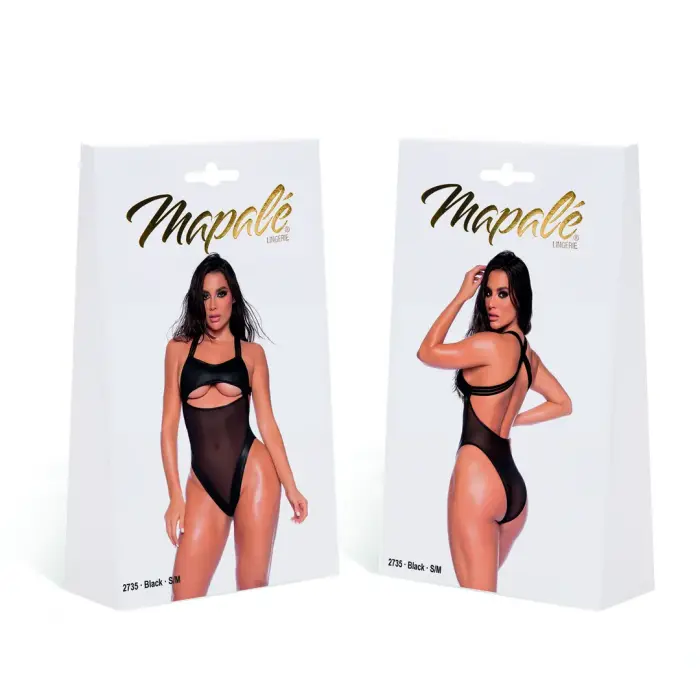 Wet Look and Mesh Bodysuit – Black – S/M