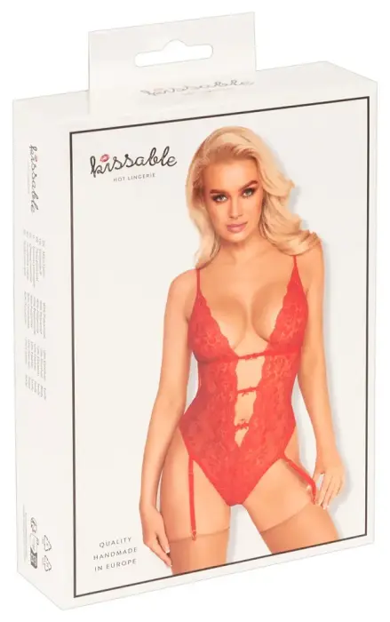kissable Red Lace Bodysuit with Garter Straps – S/M