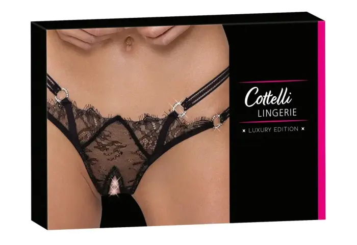 Cottelli LINGERIE avatud jalgevahega stringid kristalldekoriga – mustad – M/L
