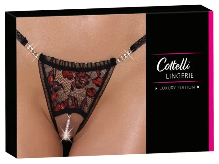 Cottelli LINGERIE stringid avatud jalgevahe ja pärliketiga – mustad/punased – M/L
