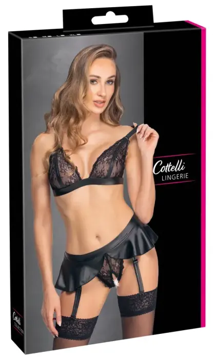 Cottelli Lingerie Set XL - Lace & Matte Look, Wireless Bra, Suspender Briefs