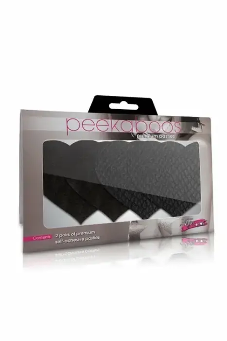 Peekaboos Pasties Classic Black Hearts – 2 pairs – smooth and snakeskin texture