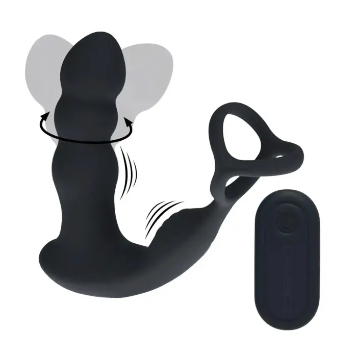 Dual Vibrating Remote Rotating Head Silicone Prostate Stimulator with Cock and Ball Ring – 14 cm – Black