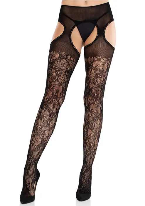 Cross Hatch Floral Lace Suspender Hose – Black – One Size
