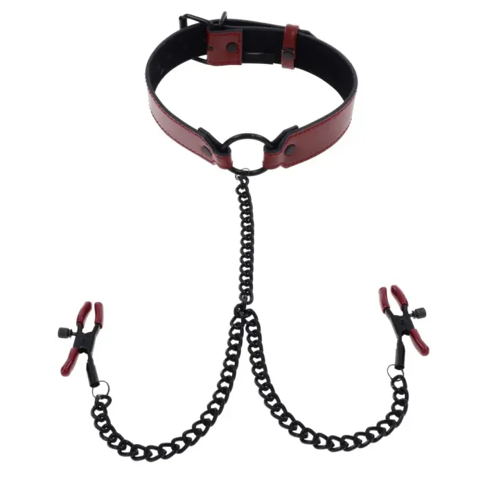 Sportsheets Saffron Adjustable Collar with Chain and Clamps – Red/Black