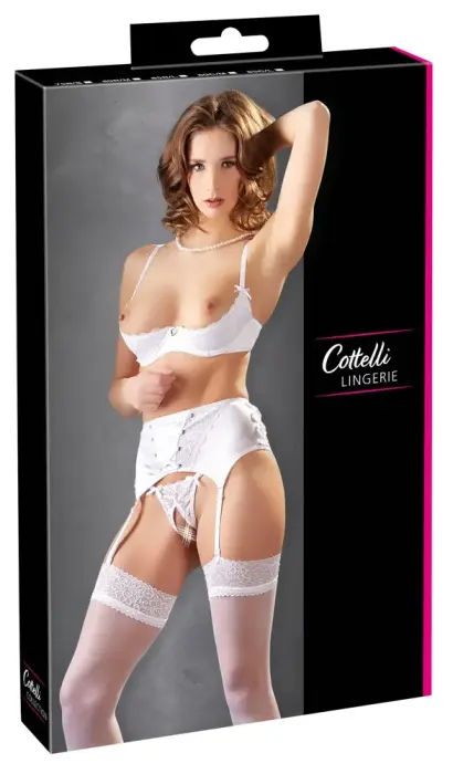 Hebe Lingerie Set with Shelf Bra and Suspender Belt – White – 80B/M