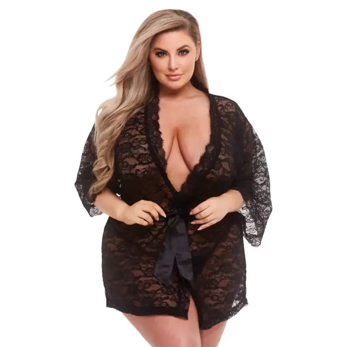 Baci Queen Satin & Lace Robe – Black – Queen Size