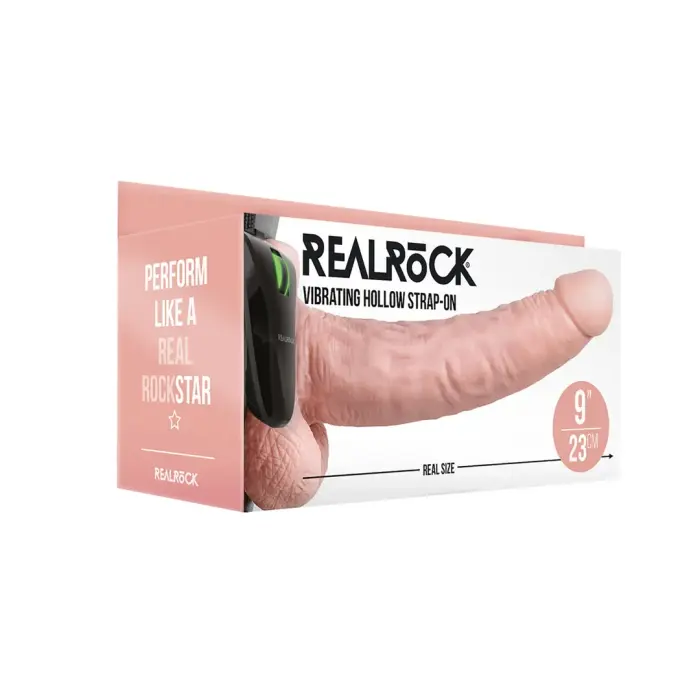 RealRock вибрирующий полый страпон-вибратор с яичками – 23 cm (9″) – телесный