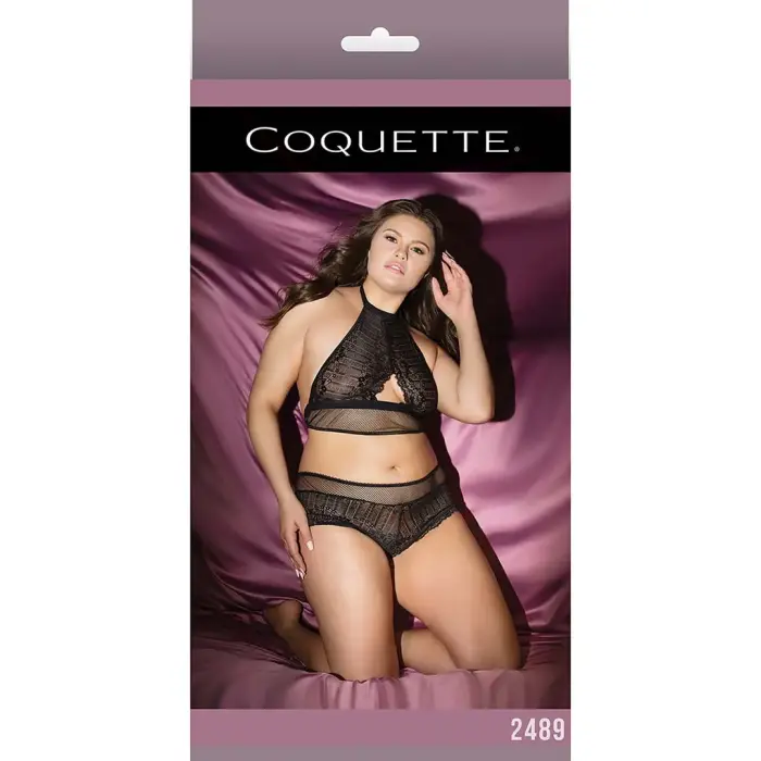 Tīkliņa tops ar kakla siksniņām un šorti – melns – Plus size