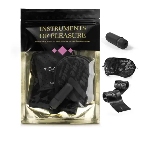 Bijoux Indiscrets Instruments of Pleasure set – purple – satin mask, ties, gel & bullet