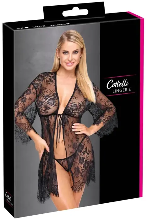Cottelli Lingerie – короткое кружевное кимоно со стрингами – чёрное – 2XL/3XL