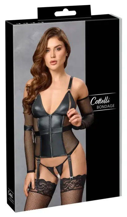 Cottelli BONDAGE комплект с корсажем на бретелях, стрингами с открытой промежностью, перчатками и наручниками – чёрный – M