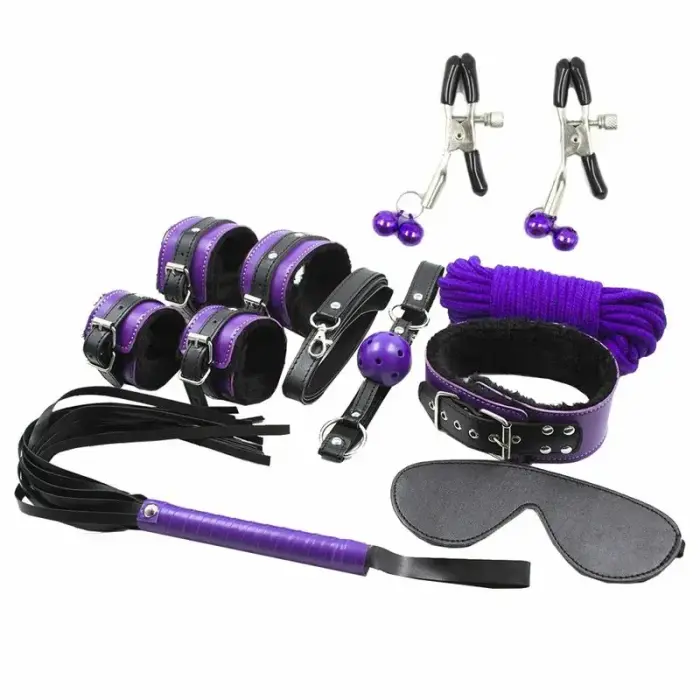 Secret Play bondage kit – 8 pcs – black & purple synthetic leather