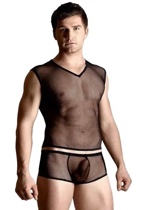 Mesh set - shirt and thong - black M/L