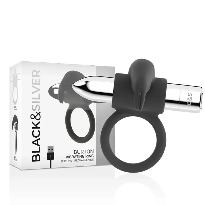Black&Silver Burton rechargeable vibrating cock ring – 10 modes – black/silver