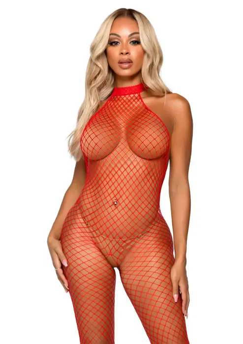 Net Racer Neck Backless Bodysuit – Red – One Size