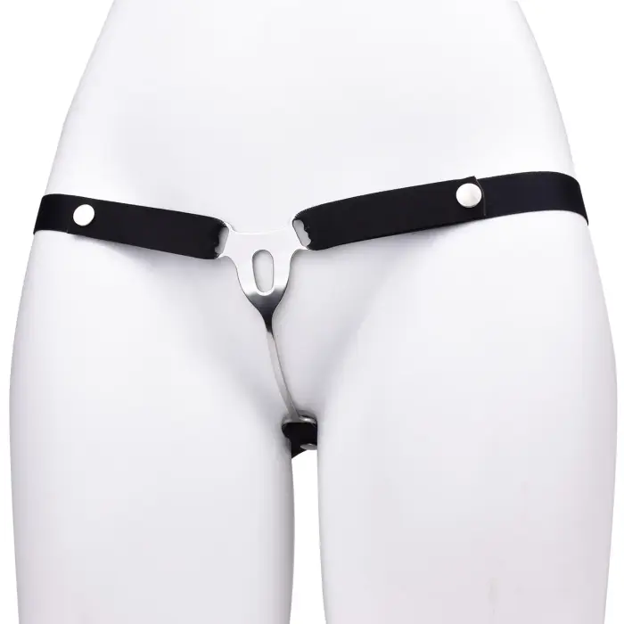 Male-to-Female Chastity Plate – polished metal – adjustable elastic belt – 85–130 cm waist