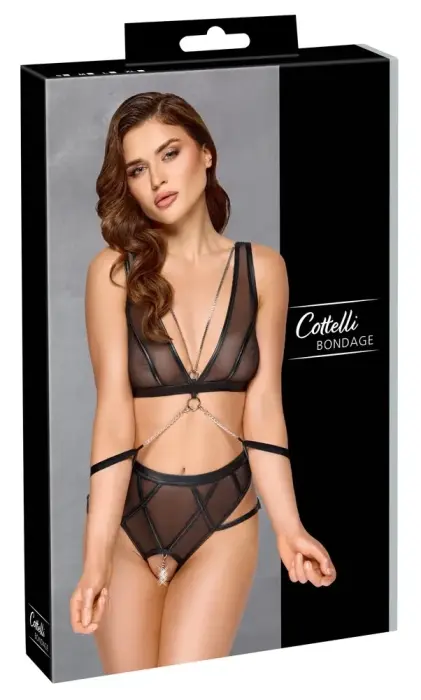 Cottelli BONDAGE powernet krūšturis un augstas biksītes ar atvērumu un roku dzelžiem – melns – XL