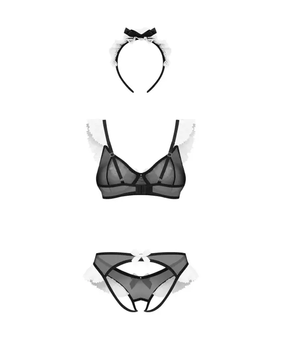 Naughty Maid – 3-piece maid costume: bra, open thong and headband – black/white – S/M